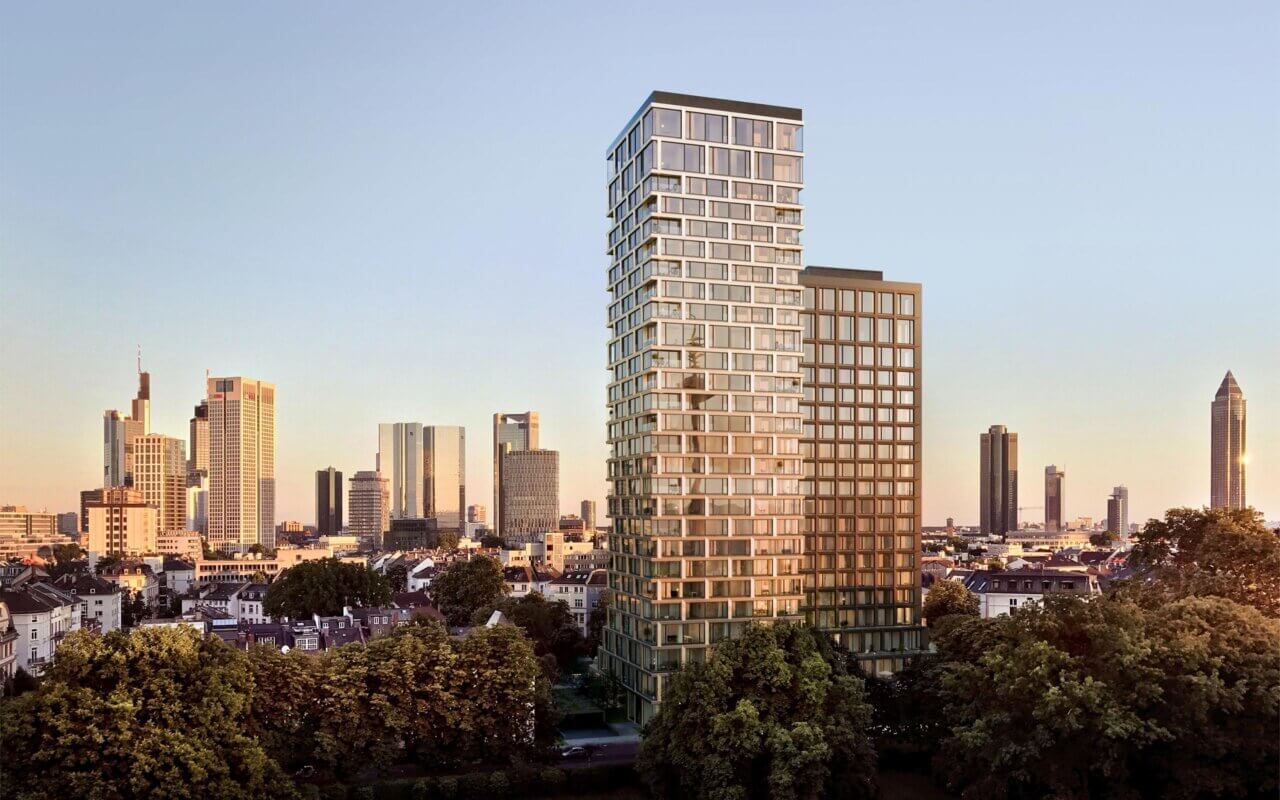 Frankfurt Skyline mit Roomers Frankfrut Pakview